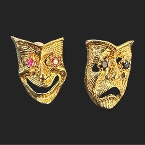 Comedy and Tragedy Mask Earrings Gold Tone Rhinestone Eyes Theater